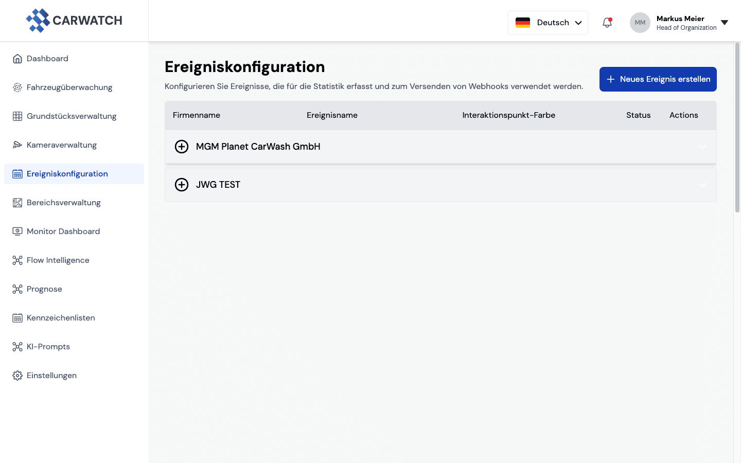 CARWATCH — Event configuration and webhook log